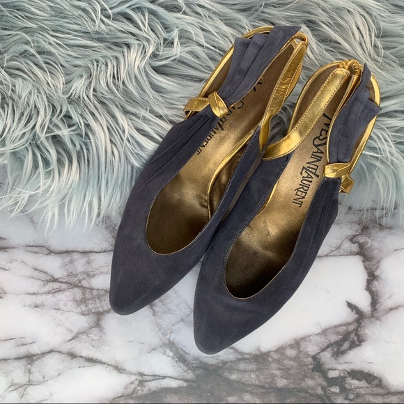 SOLD✨VTG Yves Saint Laurent Navy/Gold Fabric Sling - Picture 2 of 8